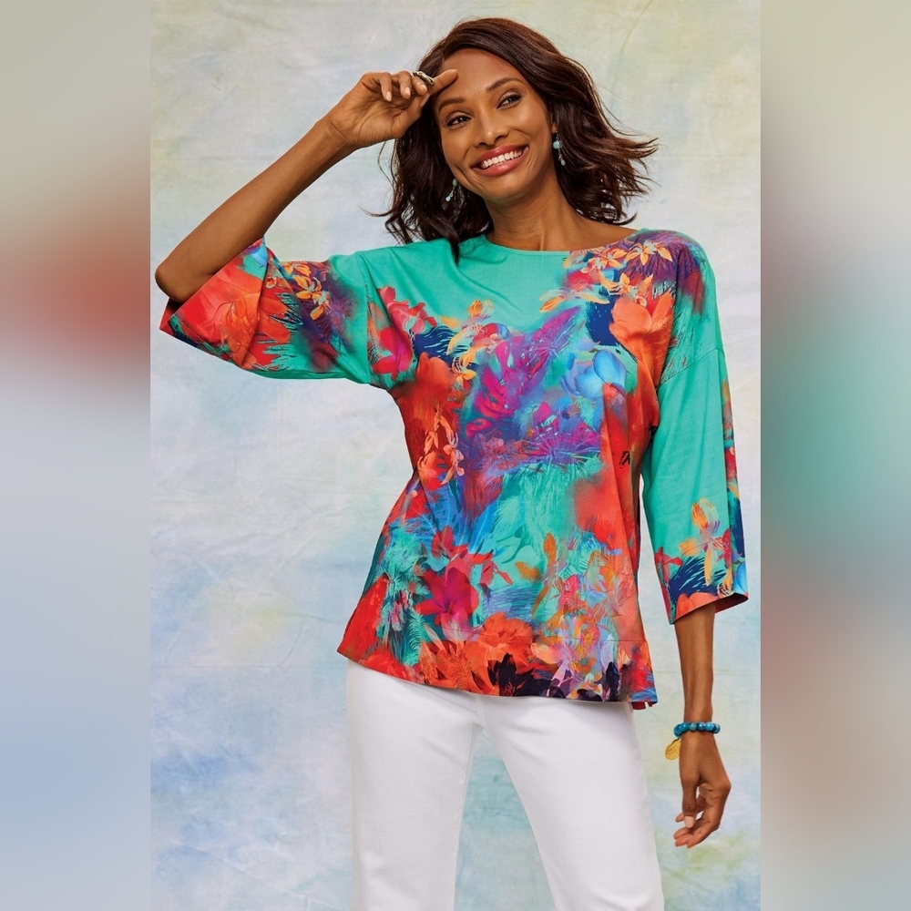 Soft Surroundings Marciana Floral Abstract Watercolor Artsy Blouse